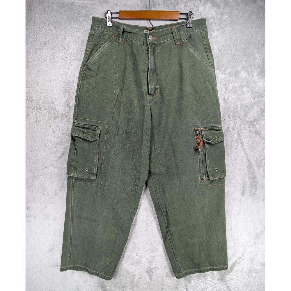 Vintage Machine Cargo Pants Men's Sz 38x30 Green Wide Leg Loose Fit Baggy EUC